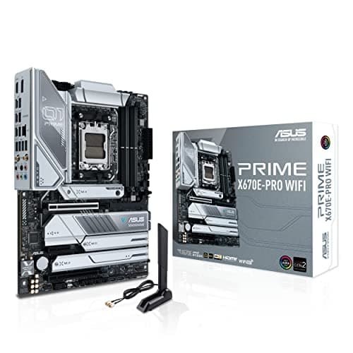 Image of ASUS PRIME X670E-PRO WIFI, an AMD X670E Ryzen AM5 ATX motherboard with PCIe 5.0, four M.2 slots, DDR5 slots, USB 3.2 Gen 2x2 Type-C, USB4 support, WIFI 6E, and 2.5G Ethernet