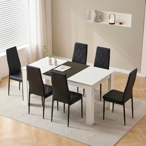 Image of Rainbow Tree 150cm Large Dining Table Set of 6, Modern Dining Table with 6 Black Leather Dining Chairs for Dining Room, Kitchen Set for Family Wooden