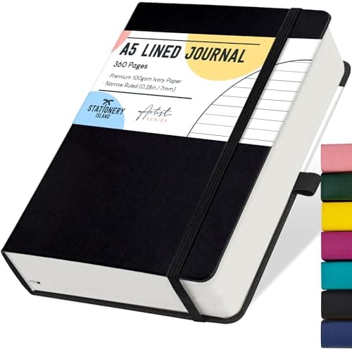 Image of STATIONERY ISLAND A5 Lined Notebook, 360 Pages Thick Journal Notebook, Ruled Journal Black Hardcover with 100gsm for Writing, Working, Studying, Diary