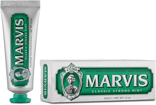 Image of Marvis Classic Strong Mint Travel Size Toothpaste, 25 ml, Sensational Flavoured Toothpaste Helps Remove Plaque with Long-Lasting Freshness