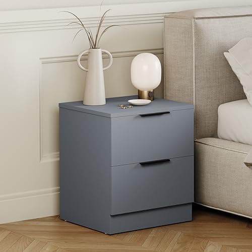 Image of Vida Designs Trega 2 Drawer Bedside Cabinet Grey - Compact Space-Saving Nightstand - 41H x 39W x 28D cm - Engineered Wood - Glide Drawers, Modern Black Handles - Ideal for Bedroom & Guest Room