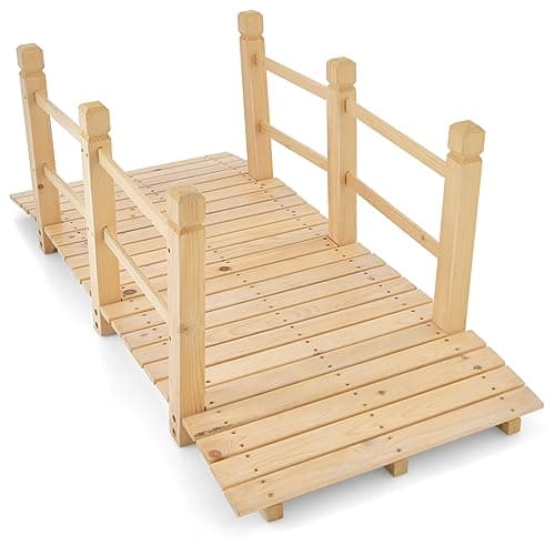 Image of TANGZON 1.5M Wooden Garden Bridge, Decorative Arc Footbridge, Outdoor Walkway with Safety Railings for Pond, Backyard and Borders (Natural)