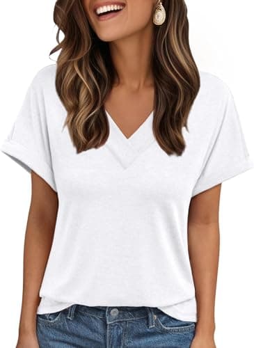 Image of ELFIN Womens Short Sleeve Tshirts Cross Collar Deep V Neck Casual Tops Cute Plain Basic Summer T-Shirt Outfit White