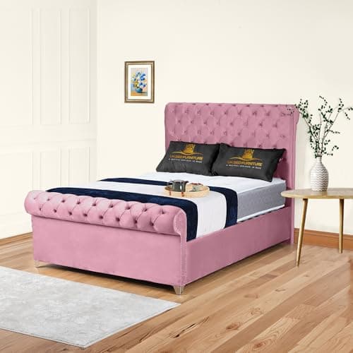 Image of Plush Velvet Arcade Sleigh Upholstered Bed Frame with Tufted Headboard & Footboard | Optional Gas Lift Storage with Optional Mattress (Pink, 4FT6 Double No Storage Slat Base No Mattress)