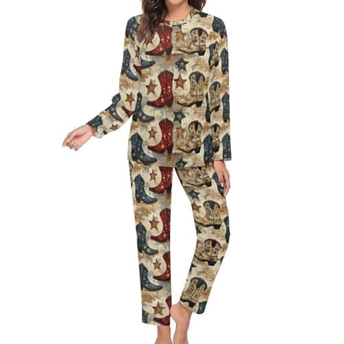 Image of Novastar Pajamas for Women Set 2 Piece - Retro Star Cowboy Boots Print Long Sleeve Sleepwear Nightwear Pjs Lounge Set, Style-4, M