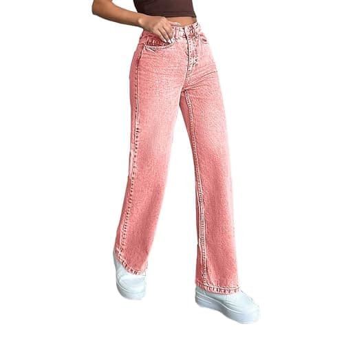 Image of Cocila Wide Leg Jeans for Women UK Elasticated High Waist Flare Denim Trousers Baggy Stretch Straight Leg Jeans Loosefit Y2K Slim Fit Boyfriend Denim Pants with Pockets Pink XL