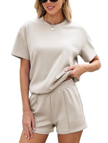 Image of Famulily Womens Lounge Wear Sets Two Piece Tracksuits Summer Drawstring Hem Oversized T Shirts Elastic Waist Shorts Matching (M, Beige)
