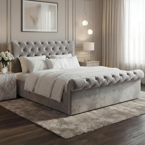 Image of Luxury Chesterfield Sleigh Ottoman Bed Frame – Plush Velvet Upholstered Bed - No Mattress, No Ottoman Gas Lift Option Available