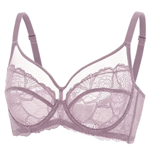 Image of DOBREVA Women's Lace Full Coverage Minimiser Bra Unlined Underwire See Through Plus Size Bra Rose Brown 40C