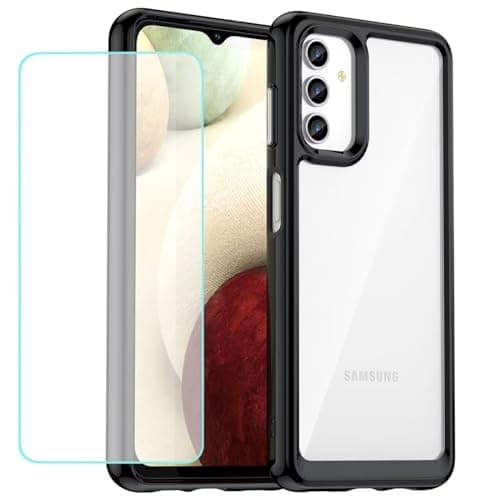 Image of Wanyuexes Case for Galaxy A13 4G/5G, Samsung A04S SM-A136U Case with Tempered Glass Screen Protector, Crystal Clear Hard PC & Soft TPU Bumper, Shock-Absorbent, Black, Transparent