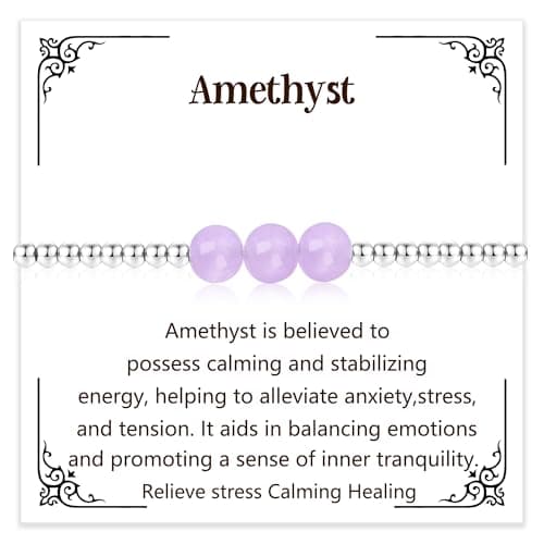 Image of COEROW Natural Bead 8mm Bracelet Gemstone Mood Jewellery for Women Natural Stone Silver Bead Adjustable Birthday Gift (Amethyst)