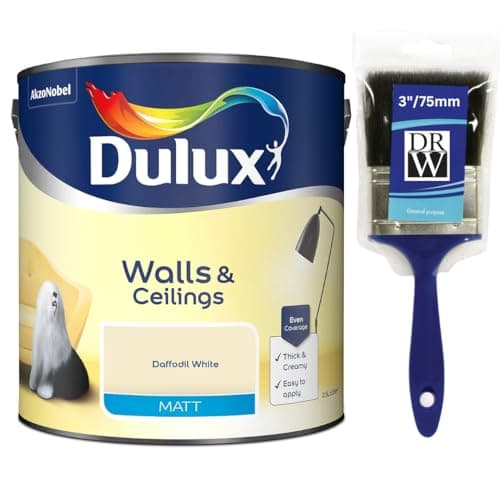 Image of Daffodil White Walls & Ceilings Matt Emulsion Paint 2.5L +3" Emulsion Paint Brush – Smooth Creamy Finish, Quick Dry, Low VOC, Easy Application for Walls & Ceilings