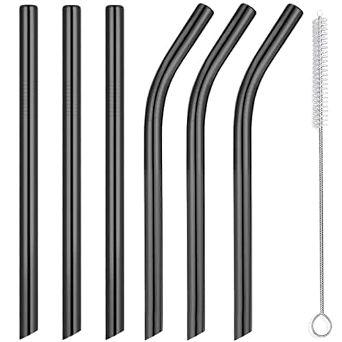 Image of Vinaco Smoothie Straws Reusable & Milkshake Straws 0.5" Diam Wide Mouth Straw, Set of 6 Stainless Steel Straws 10.5" & 8.5" with 1 Long Straw Cleaner Brush，Black Metal Straws for Jumbo Thick Drinks