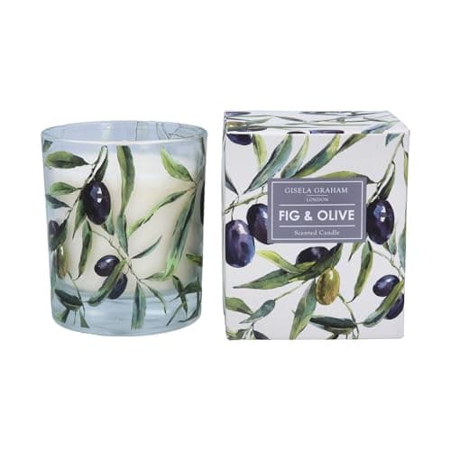 Image of Gisela Graham Fig & Olive Scented Candle, Mediterranean Olive Branch Design, 8cm Diameter
