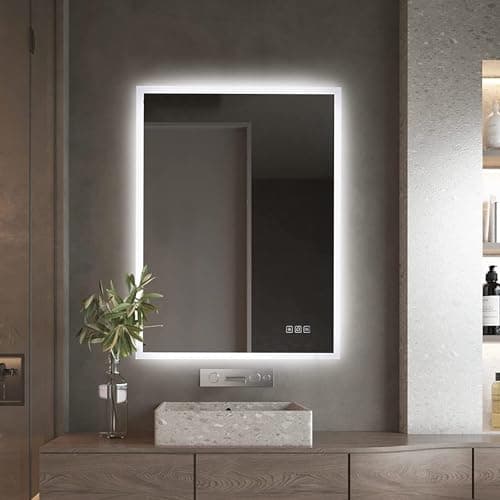 Image of furduzz Bathroom LED Mirror, 700x500mm Illuminated Backlit Bathroom Mirror with LED Light, Wall Mounted Vanity Mirror with 3 Color Light Dimmable, Anti Fog, Memory Function, Vertical/Horizontal