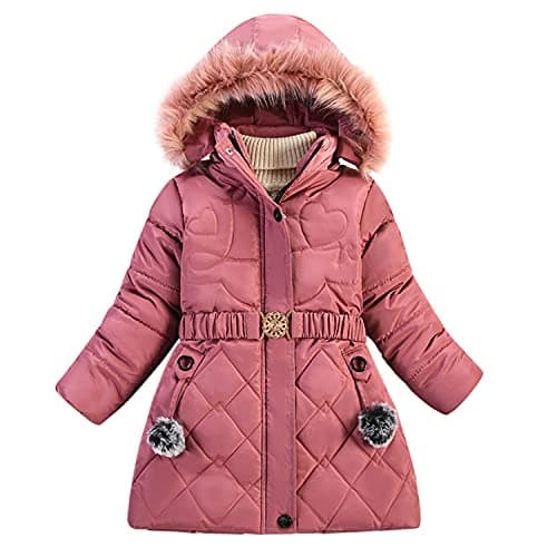 Image of semen Kids Girls Winter Warm Fleece Lined Faux Fur Hooded Jackets Full Zip Up Outerwear School Dress Coats with Belt for Age 5-12 Years