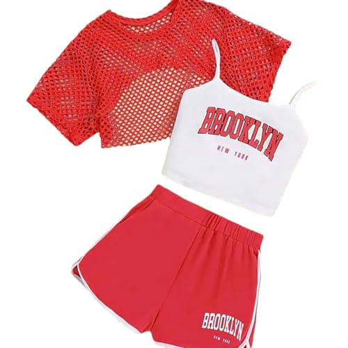 Image of Generisch Summer Outfits for Girls 3 Piece Set Casual Loose Fit Sleeveless Top Shorts Combination for Outdoor Activities 8-14 Comfortable Breathable Playwear, red, 7-8 Jahre