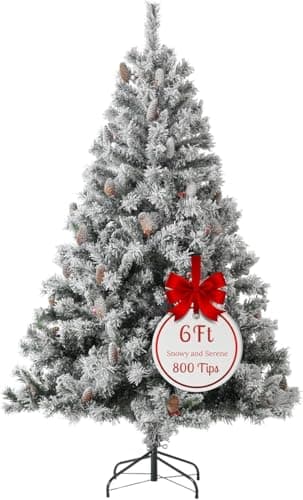 Image of EVRE White Snow Flocked Artificial Christmas Tree Xmas Pine Red Berries Metal Stand Fir Spruce Green Hinged Branches Realistic Easy Assembly Indoor Holiday Decorations (6ft)
