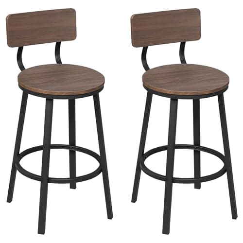 Image of WOLTU Bar Stools Set of 2, Breakfast Stools with Footrest and Backrest for Kitchen Island, Metal Frame, Dark Wood Effect
