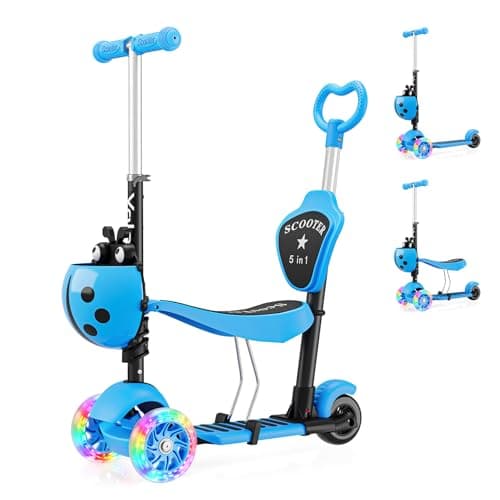 Image of YOLEO 5-in-1 Children's Scooter with Removable Cartoon Basket, Seat, Push Bar, LED, Large Wheels, Comfortable Backrest, Height-Adjustable Handlebar for Toddlers, Boys and Girls from 2 Years, pink