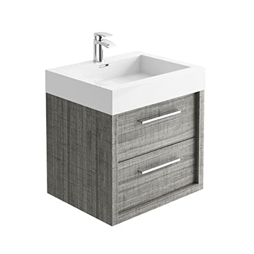 Image of Go Bathrooms Light Grey Wall Hung Vanity Unit Includes White Resin Basin Bathroom Furniture Storage Cabinet 600mm