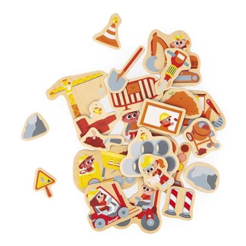 Image of Janod - 24 Magnetic Wooden Magnets - Building Site Theme - Building Site Equipment - Wooden Toy - Ideal for chalkboard or fridge - Educational Magnetic Game for Handling - From 2 Years, J09647