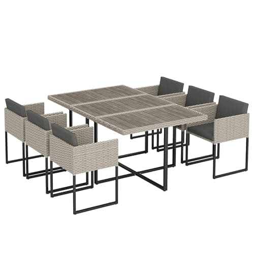 Image of Outsunny 7 Piece Cube Rattan Garden Furniture Set, Garden Dining Set with Wood-Plastic Table and 6 Armchairs, Space-Saving Rattan Table and Chairs with 12 Cushions for Patio Terrace, Light Grey