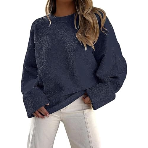 Image of Fuzzy Chunky Pullover Sweater for Women Y2K Classic Knitted Warm Pullover High Street Loose Plush Sweatshirt, Navy, L