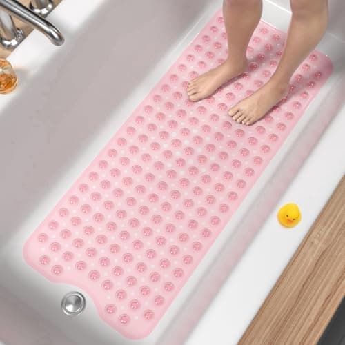 Image of HITSLAM Non Slip Bath Mat for Tub, 101 x 40cm Extra Long Shower Mat Anti Mould, Machine Washable Bathroom Bathtub Mat with Suction Cups and Drain Holes, Soft on Feet, Clear Pink