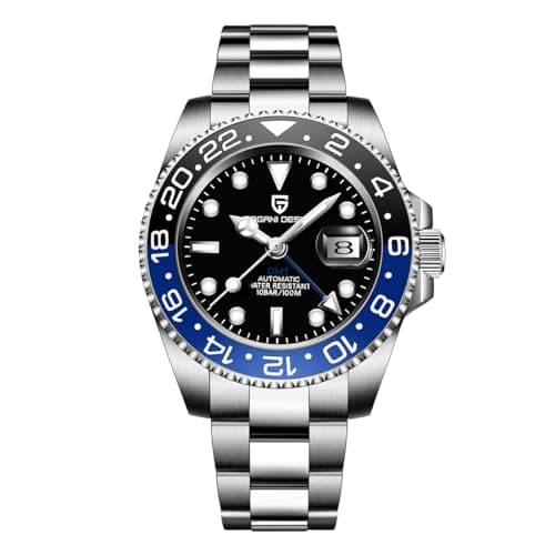 Image of Pagani Design GMT Automatic Mechanical Men's Watch Rotating Ceramic Bezel Stainless Steel Watch with Date Function Men's Sport (Steel Band Black and Blue-3)