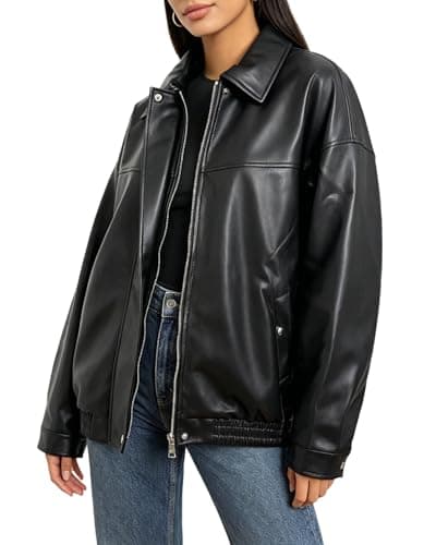 Image of DIASHINY Women Faux Leather Jacket Oversized Moto Biker Coat Plus Size Loose Motocycle Outwear Black M