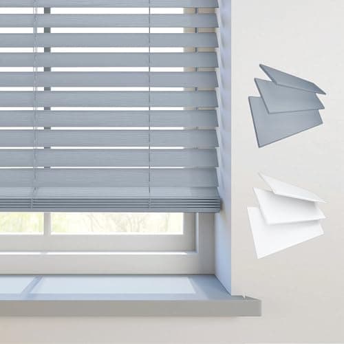 Image of REHAN & CO Faux wood window Venetian Blinds 50mm Slats with String/Tape Blinds Aluminium Headrail Trimmable Child Safe Home Office Window Blind (Grey String, 90Wcm x 150Hcm)
