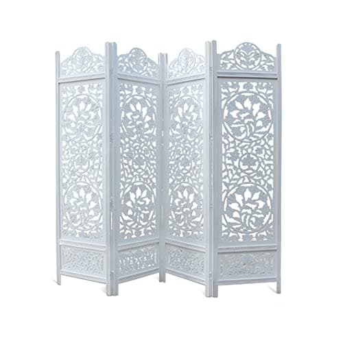 Image of Kamal The Lotus Antique White 4 Panel Handcrafted Wood Room Divider Screen 183x203, Intricately carved on both sides making it fully reversible, highly versatile. Hides clutter, adds dÃcor