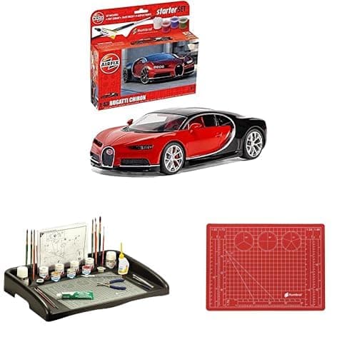 Image of Airfix Welcome to the Hobby Bundle - A55005 Bugatti Chiron Model Building Kit - Plastic Model Car Kits for Adults & Children, Also Includes The Humbrol Work Station & Matching A4 Cutting Mat