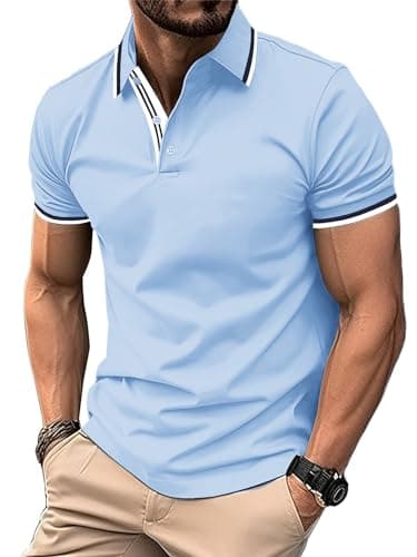 Image of geeksport Men's Polo Shirt Short Sleeve Golf Polo Outdoor Breathable Tops for Mens Sports T-Shirt Work Tee Sky Blue 3XL