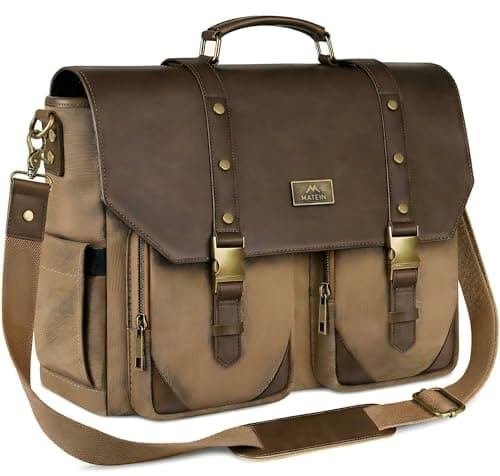 Image of MATEIN Canvas Satchel Bag Men, 15.6 inch PU Leather Laptop Bag with RFID Blocking Pocket, Vintage Water Resistant Shoulder Messenger Bags for Men, Commuting School Office, Brown
