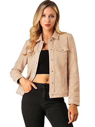 Image of Allegra K Women's Faux Suede Turn-Down Collar Shacket Flap Pockets Snap Button Western Jacket Apricot Pink L