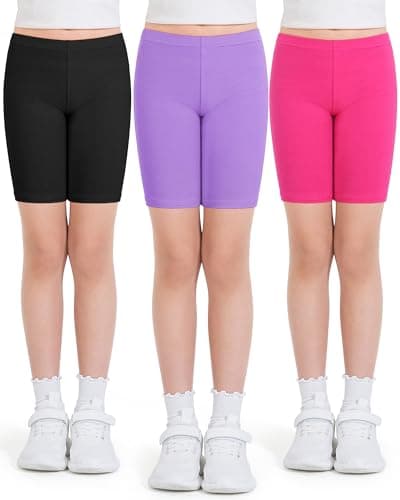 Image of Auranso Girls Cycling Shorts 10-12 Years PE Dance Short Leggings Kids Summer Over Knee Half Length Cycle Shorts 3 Pack Black Rose Purple