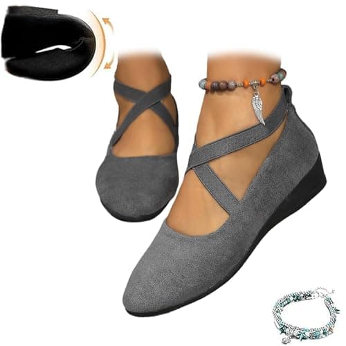 Image of Women's Crisscross Strap Wedge Shoes,Womens Round Toe Ballet Wedge Dress Shoe Elegant Suede Comfy Slip-On Shoes (Grey,6)