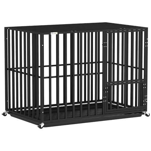Image of PawHut Heavy Duty Dog Crate, Dog Cage with Wheels for Medium Large Breeds, Metal Pet Crate with Removable Tray and 3 Doors for Indoor & Outdoor, 107 x 69 x 81 cm, Black