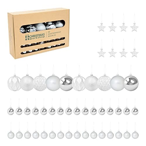 Image of The Christmas Workshop Set of 50 Shatterproof Textured Baubles/Elegant Festive Designs/Christmas Tree Decorations with Hanging String/Various Sizes and Styles (Silver)
