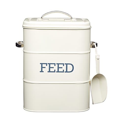 Image of KitchenCraft Living Nostalgia Pet Food Storage Tin with Metal Scoop, Dog Food Bin, Dry Animal Feed Biscuit Metal Container for Bird, Cat, Rabbit, Guinea Pigs, Antique Cream