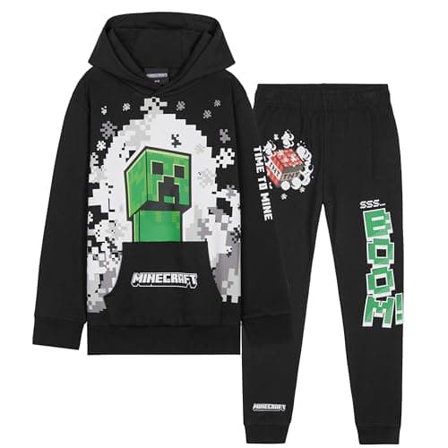 Image of Minecraft Boys Tracksuit Set Comfy Loungewear Activewear - Gaming Gifts for Boys (Black/Green, 13-14 Years)