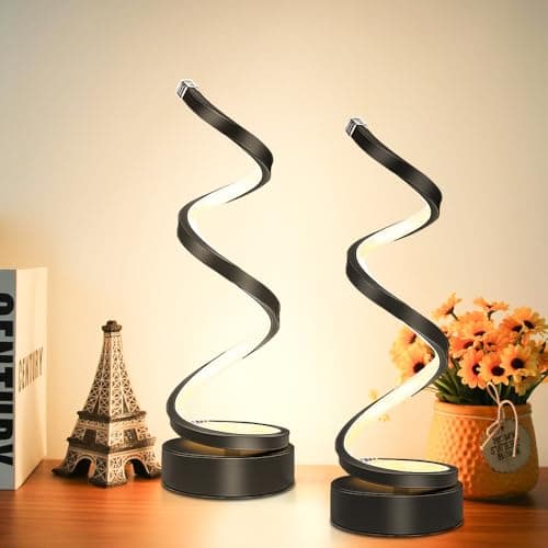 Image of Black Bedside Lamps for Bedroom,12W(Each),Bedside Lamps Set of 2 Dimmable,Led Spiral Table Lamp for Living Room,Decorative Desk Light,Desk lamp Home Office,Nightstand,Side Table End Modern Minimalist