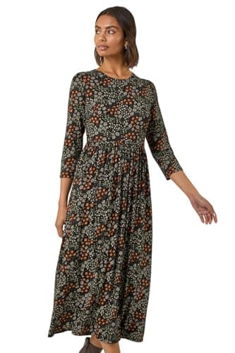 Image of Roman Originals Maxi Dress with Pockets for Women UK Ladies Stretchy Jersey Midi Elasticated Gathered High Waist Skater Swing Fit Flare Office Work Smart Casual Boho - Noir - Size 18