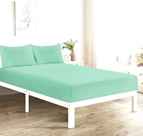 Image of EXQUIZIT HOME® Fitted Bed Sheet Easy Care Poly Cotton Soft Deep Fitted Sheet Wrinkle Resistant Breathable Hotel Quality Machine Washable Bedding (Single, Mint)