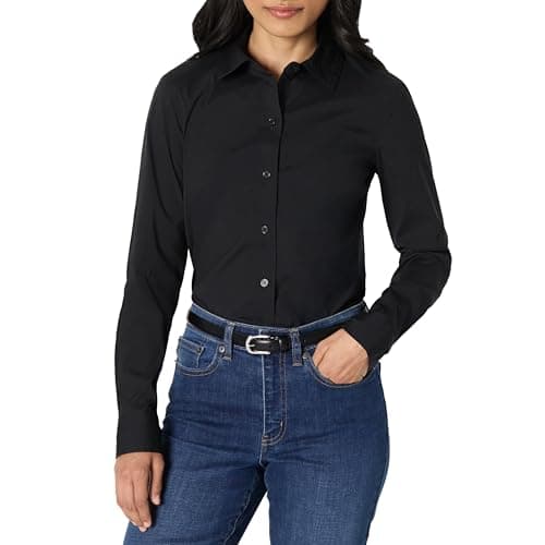 Image of Amazon Essentials Women's Slim-Fit Stretch Poplin Button-Up Dress Shirt, Black, M