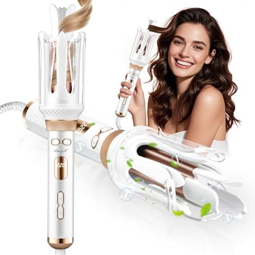 Image of CkeyiN Pro Automatic Rotating Curling Iron - Beach Waves Curling Wand - Ceramic Negative Ion Hair Curler 28mm,Five-Pointed Extension Claws to Prevent Burns,Temperature Control 100°C-230°C,White Gold