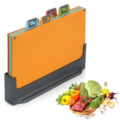 Image of BEWOS 4 Colour Coded Chopping Boards Set, Wheat Straw Cutting Board, Reversible Chopping Board with Stand, Non-Slip Feet Chopping Boards for Kitchens, Juice Grooves & Dishwasher Safe