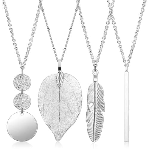 Image of 4 PCS Long Pendant Necklaces for Women, Trendy Silver Bar Feather Circle Leaf Chain Necklaces, Boho Style Costume Necklaces Y Simple Long Sweater Chain Adjustable Jewelry Set for Women (Silver)